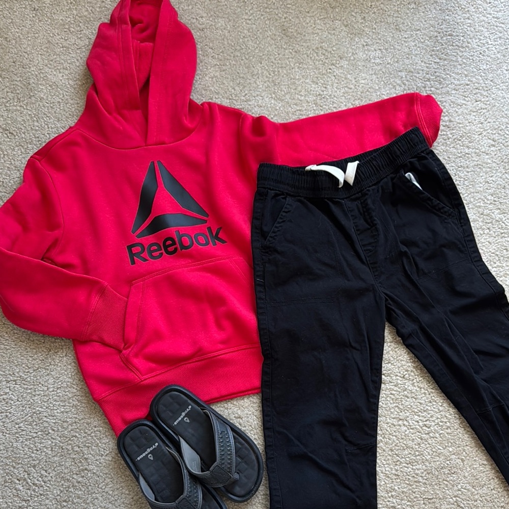 Reebok Red Hoodie with Black Pants and Sandals